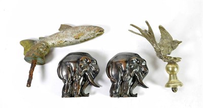 Lot 26 - Four Accessary Car Mascots, two as elephants, 17cm high, one as a brass and painted salmon,...