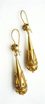 Lot 458 - A Pair of Victorian Style Drop Earrings, the teardrop shapes decorated with fine ropework, with...