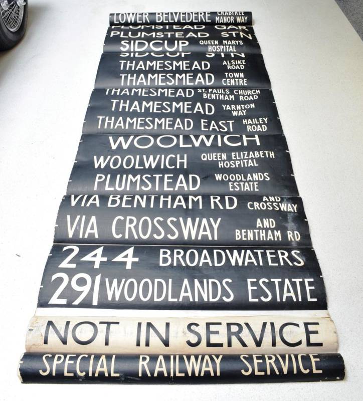 Lot 66 - A 1950's Bus Destination Roll, in two sections, with white lettering on a black ground, listing...