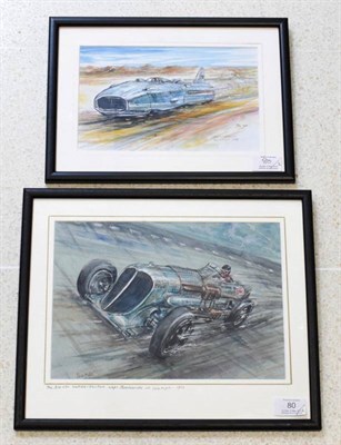 Lot 80 - The Speed Kings - Two Small Original Paintings By Phil May, (i) Napier-Railton sets lap record...
