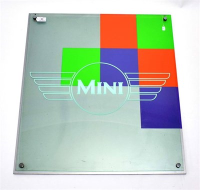 Lot 85 - A Perspex Advertising Sign for Mini, the back panel decorated in grey with green, orange and purple