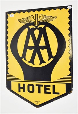 Lot 91 - A Single-Sided Enamel Sign, AA HOTEL, with black letter on yellow ground with winged emblem,...