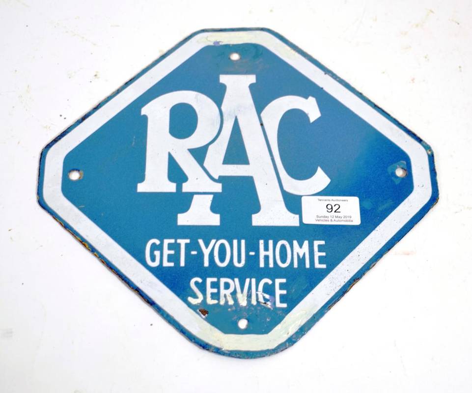 Lot 92 - An RAC Single-Sided Enamel Advertising Sign, with white lettering RAC GET-YOU-HOME-SERVICE,...