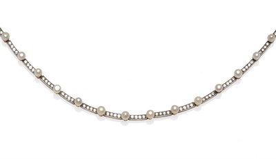 Lot 462 - A Diamond and Pearl Necklace, bar links set with old brilliant cut diamonds alternate with...