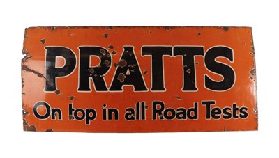 Lot 97 - A Single-Sided Enamel Advertising Sign, PRATTS ON TOP IN ALL ROAD TESTS, with blue lettering on...