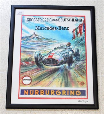 Lot 116 - Mercedes At Nurburgring By Phil May 20th Century signed limited Giclee poster study on canvas,...