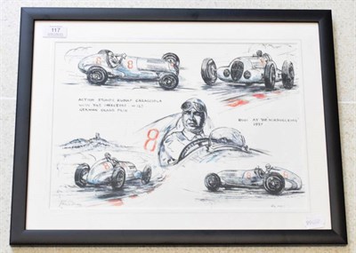 Lot 117 - Action Studies: Signed Art Proof By Phil May Rudolf Caracciola with the Mercedes W125, 38x25cm...