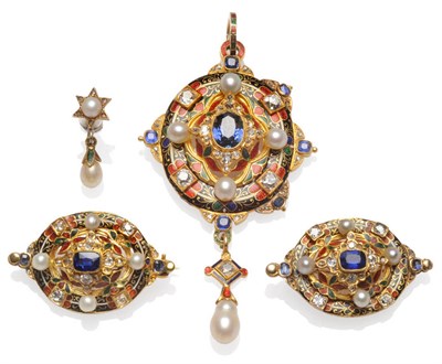 Lot 465 - A Holbeinesque Pendant, Pair of Brooches and One Earring, the pendant set with sapphires,...