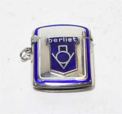 Lot 135 - An Early 20th Century White Metal and Blue Enamel Vesta Case, made by Berliet, the French car...