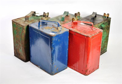 Lot 160 - Five Vintage 2 Gallon Petrol Cans, comprising a green painted BP MOTORSPIRIT, green painted PRATTS