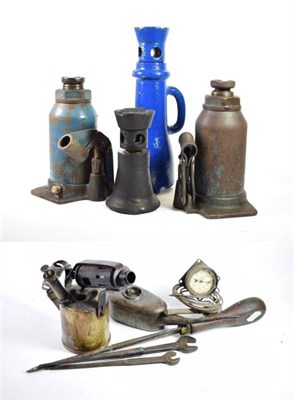 Lot 166 - Four Vintage Car Bottle Jacks, lacking handles; A Vintage Oil Can, stamped JS & S Ltd; A...