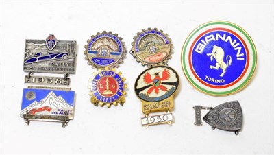 Lot 201 - Eight Car Badges, comprising a 1954 blue enamel badge Lyon-Charbonnieres Rally, 1952 shield...