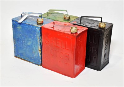 Lot 211 - Four Vintage 2 Gallon Fuel Cans, comprising a black painted Shell Motor Spirit, a red painted Shell