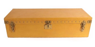 Lot 221 - Louis Vuitton: A 1930's Yellow Leather and Brass Studded Car Trunk, with three brass clasps stamped