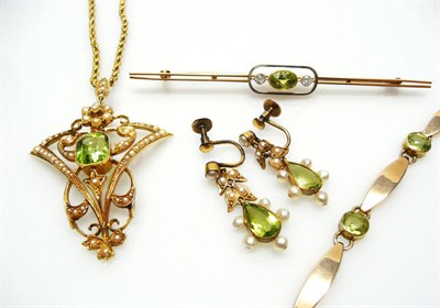 Lot 475 - A Collection of Peridot Set Jewellery, including an Edwardian seed pearl and peridot pendant on...