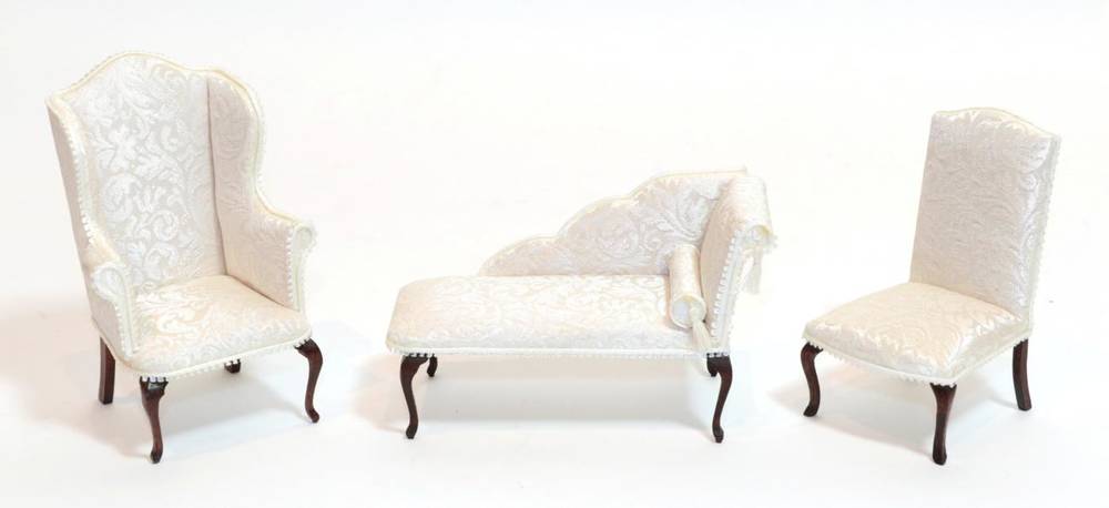 Lot 2005 - Maggie Brown Cream Upholstered Dolls House Furniture, comprising a chaise longue with squab...