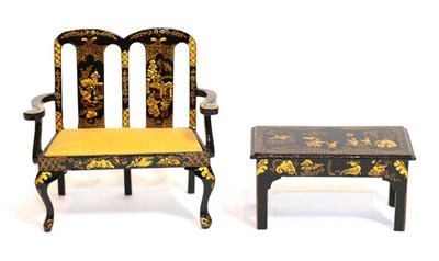 Lot 2006 - Judith Dunger Black Chinoiserie Dolls House Furniture, comprising a double seat settee with...