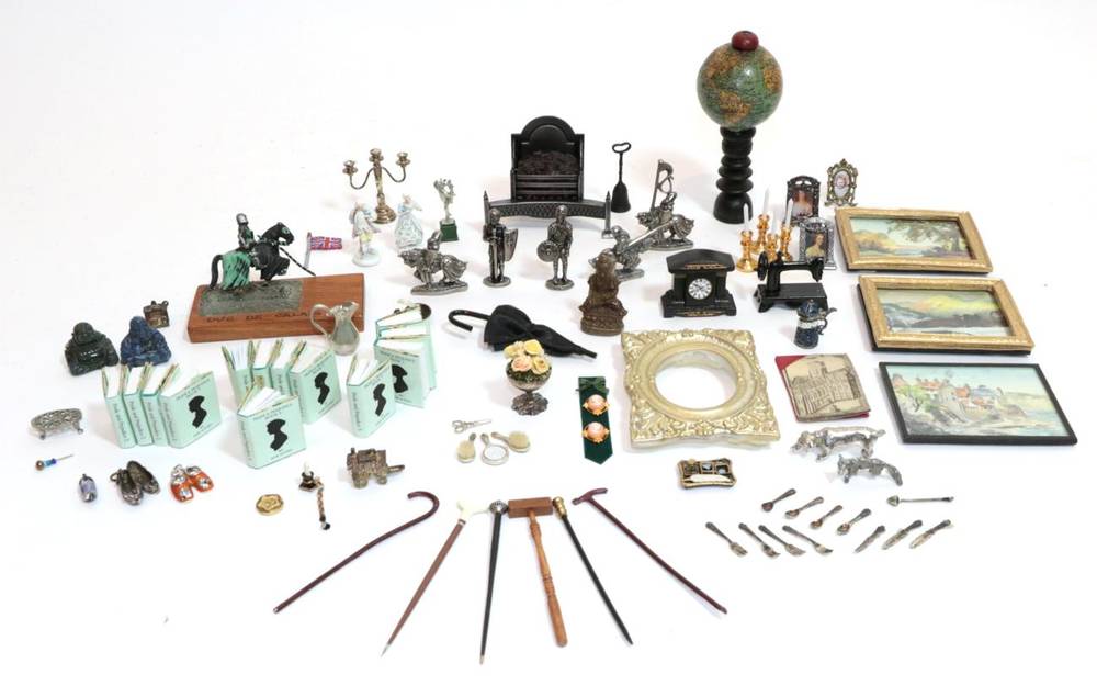 Lot 2009 - Assorted Modern Dolls House Accessories, comprising fire grate, 19th century pocket globe on...