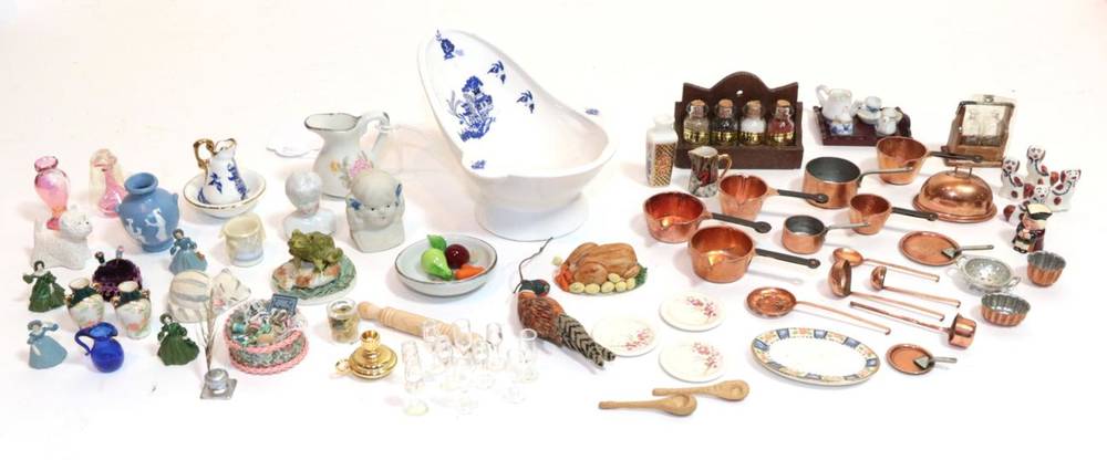 Lot 2011 - Assorted Modern Dolls House China and Accessories, including a cranberry glass decanter and...