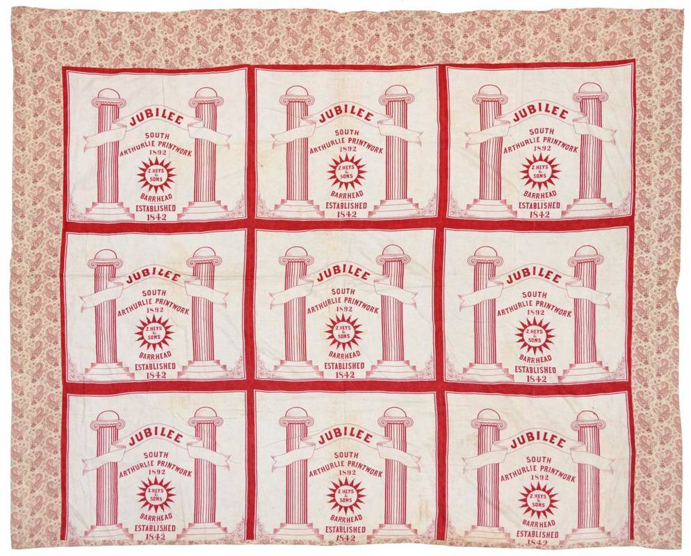 Lot 2018 - Late 19th Century Commemorative Bed Cover, mounted with nine turkey red printed damask panels,...