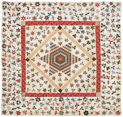 Lot 2021 - Mid-19th Century Patchwork Coverlet, with large central star comprising small hexagonal...
