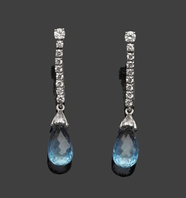 Lot 483 - A Pair of 18 Carat White Gold Aquamarine and Diamond Drop Earrings, a row of nine round...