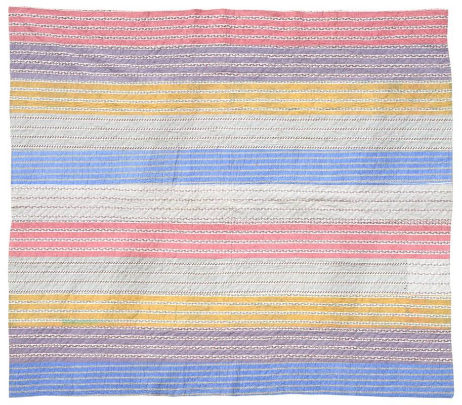 Lot 2043 - Early 20th Century North Country Strippy Quilt, incorporating strips of floral cottons with...