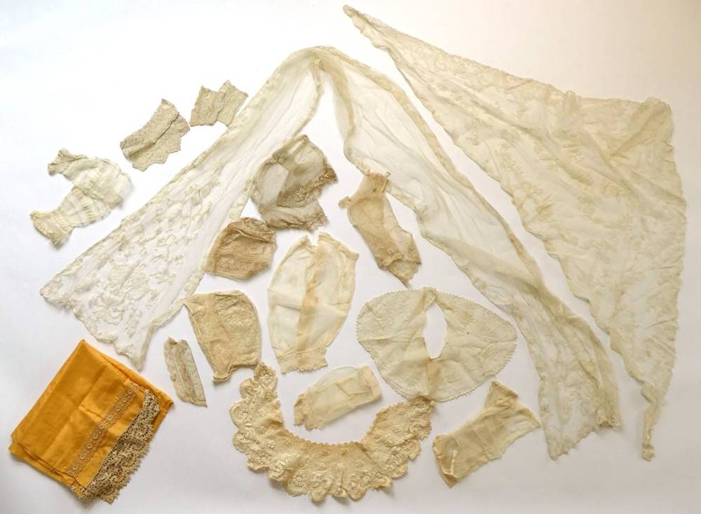 Lot 2055 - Assorted Decorative 19th Century and Later Lace Costume Accessories, including a yellow silk...