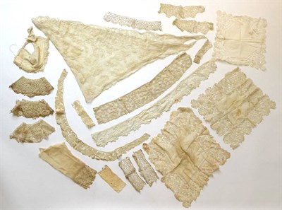 Lot 2056 - Assorted Decorative 19th Century and Later Lace Costume Accessories, comprising two silk and...