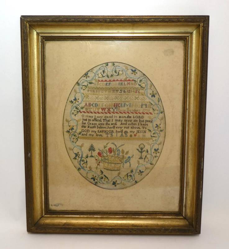 Lot 2064 - 18th Century Oval Embroidered Alphabet Sampler Worked by Jane Sanders Dated 1799, incorporating the