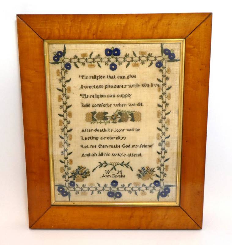 Lot 2073 - 19th Century Needlework, Worked By Ann Dyche, Dated 1893, a religious verse with baskets of flowers