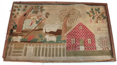 Lot 2075 - 19th Century Primitive Style Gros and Petit Point Wool Work, depicting a shepherd lying down...