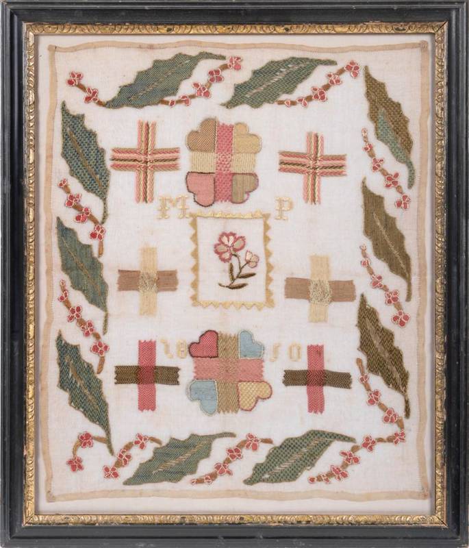 Lot 2077 - Early 19th Century Needle Work Darning Sampler, with central floral motif, within a yellow...