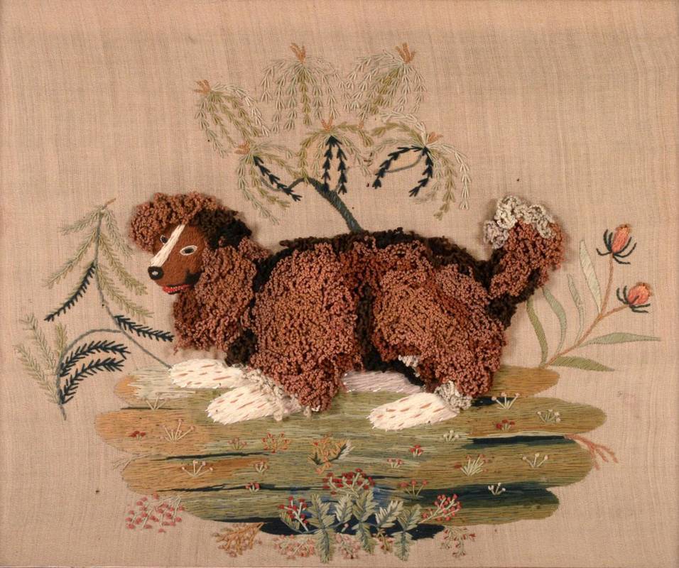 Lot 2080 - Early 19th Century Wool Work Picture of a Brown Spaniel, using plush stitch to create the brown...