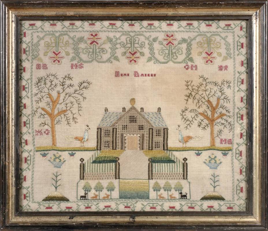 Lot 2081 - Early 19th Century Scottish Needlework, depicting a central grey stone house flanked by...