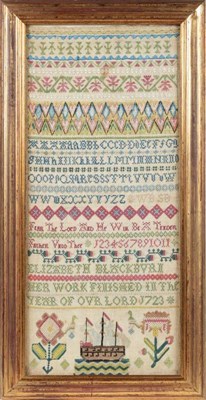 Lot 2084 - 18th Century Alphabet Band Sampler, Worked By Elizabeth Blackburn, Dated 1723, worked in...