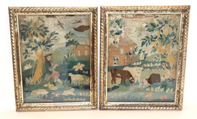 Lot 2085 - Two Similar 18th Century Silk Needlework Panels, the first depicting a piping shepherd seated...