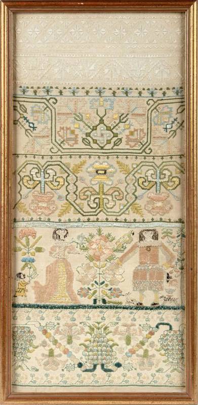 Lot 2087 - Late 17th Century Needlework Band Sampler, comprising six bands, two worked in white thread in...