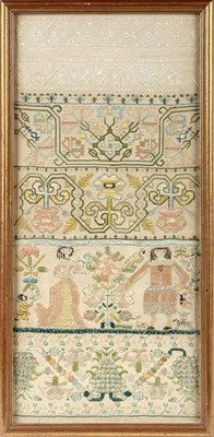 Lot 2087 - Late 17th Century Needlework Band Sampler, comprising six bands, two worked in white thread in...
