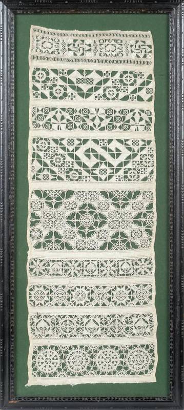 Lot 2089 - 17th Century White Work Band Sampler, comprising 9 bands worked with decorative needlework and...