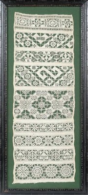 Lot 2089 - 17th Century White Work Band Sampler, comprising 9 bands worked with decorative needlework and...