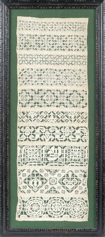 Lot 2090 - 17th Century White Work Band Sampler, comprising 10 bands worked with decorative needlework and...