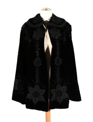 Lot 2094 - Victorian Black Velvet Cape, with embroidered, bead and silk appliqués of floral design, and...