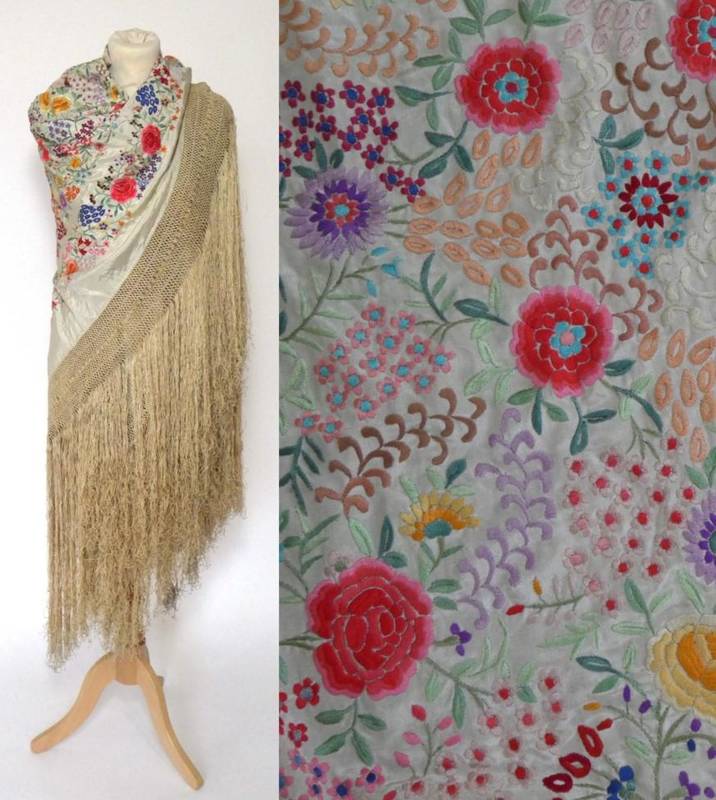 Lot 2104 - Large Early 20th Century Cream Silk Shawl, embroidered overall with silk chrysanthemums and...