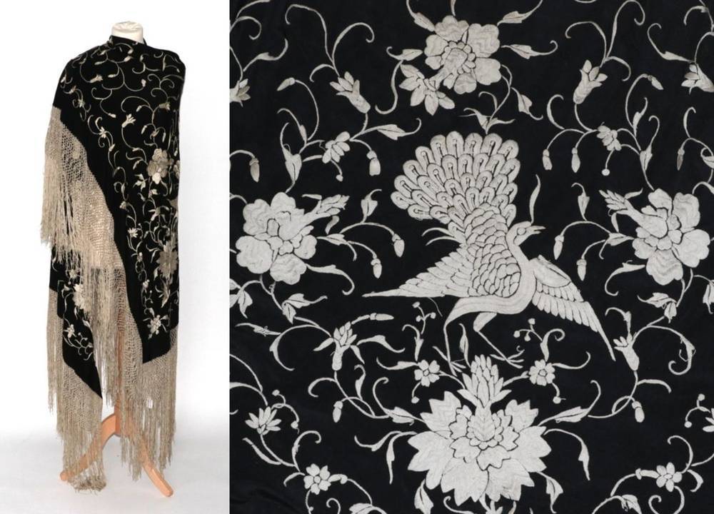 Lot 2106 - Early 20th Century Black Silk Shawl, with cream silk embroidery of exotic birds and flowers,...