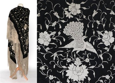 Lot 2106 - Early 20th Century Black Silk Shawl, with cream silk embroidery of exotic birds and flowers,...
