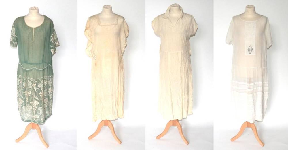 Lot 2107 - Circa 1920s Day Dresses, comprising a duck egg muslin day dress, the skirt and short sleeves...