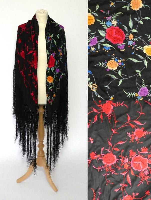 Lot 2109 - Circa 1920s Embroidered Silk Shawl, half the shawl embroidered with a design of red peonies,...