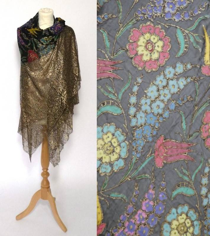 Lot 2115 - Circa 1920s Lamé and Silk Chiffon Shawl, the silk ground printed with large colourful flowerheads