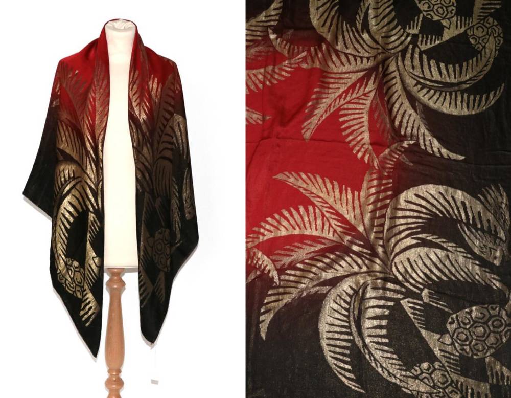 Lot 2121 - Circa 1920s/30s Gold Lamé Evening Shawl, woven with palm trees to the outside with a red...